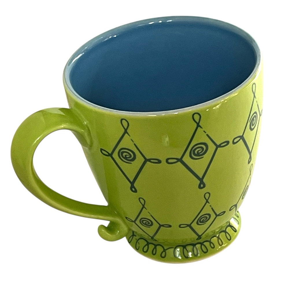 Starbucks 2004 diamond swirl Green Blue Patterned oversized Ceramic pedestal Mug